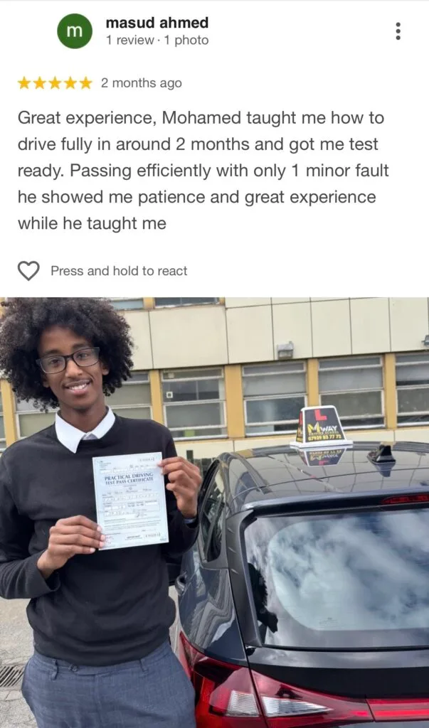 Driving school in Tottenham – student holding certificate